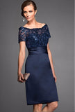 Elegant Navy Scoop Sheath Navy Mother of the Bride Dresses Satin Short Sleeves