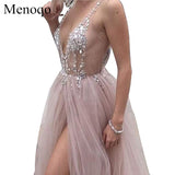 Sexy Tulle Long Prom Dresses New Arrival Backless Sweep Train Beaded A Line Special Occasion Evening Gowns Custom Made