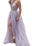 Sexy Tulle Long Prom Dresses New Arrival Backless Sweep Train Beaded A Line Special Occasion Evening Gowns Custom Made